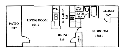 Floor plan for 1 bed, 1 bath, 547 sqft