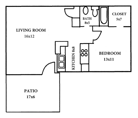 Floor plan for 1 bed, 1 bath, 554 sqft