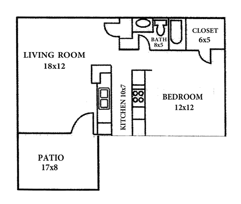 Floor plan for 1 bed, 1 bath, 558 sqft