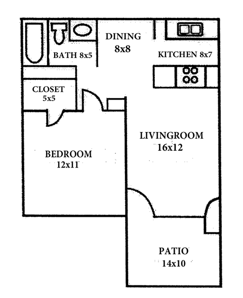 Floor plan for 1 bed, 1 bath, 559 sqft