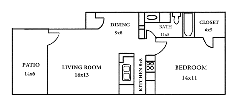 Floor plan for 1 bed, 1 bath, 574 sqft