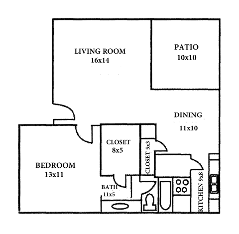 Floor plan for 1 bed, 1 bath, 630 sqft