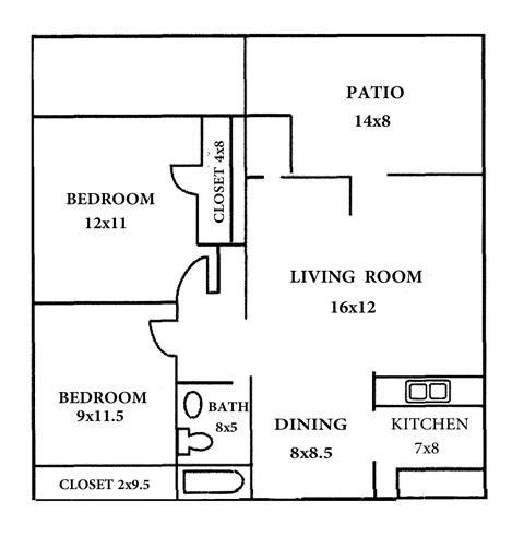 Floor plan for 2 beds, 1 bath, 715 sqft