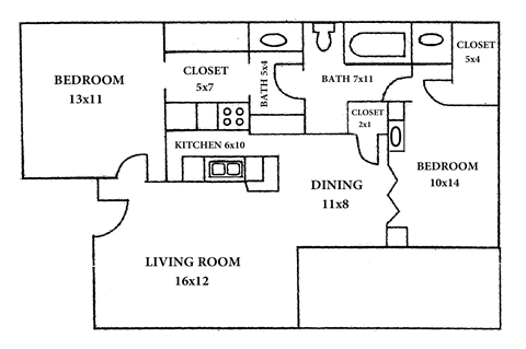 Floor plan for 2 beds, 1 bath, 820 sqft