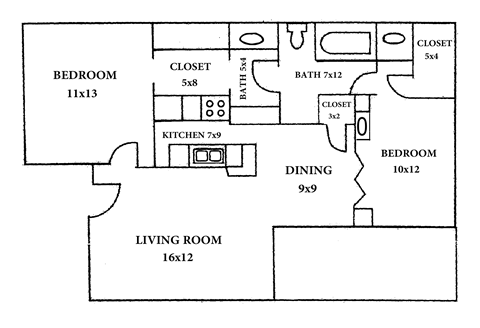 Floor plan for 2 beds, 1 bath, 822 sqft