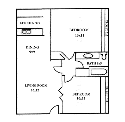Floor plan for 2 beds, 1 bath, 823 sqft