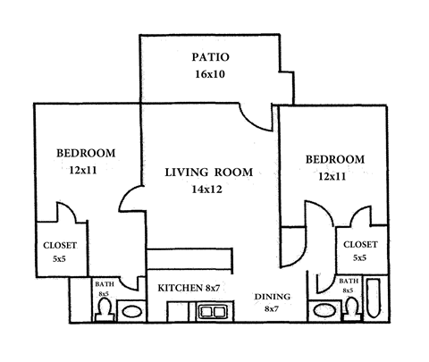 Floor plan for 2 beds, 2 baths, 751 sqft