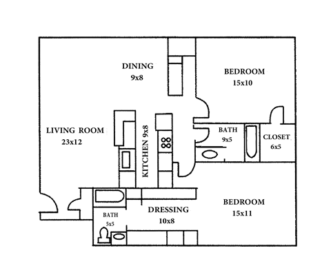 Floor plan for 2 beds, 2 baths, 1052 sqft
