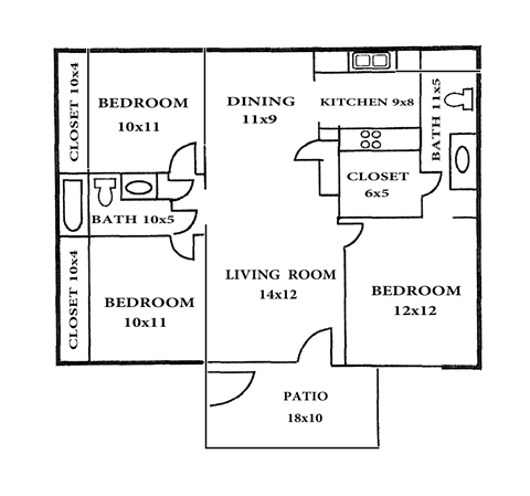 Floor plan for 3 beds, 2 baths, 1200 sqft