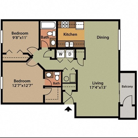 Floor plan for 2 beds, 1.5 baths, 933 sqft