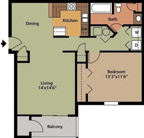 Floor plan for 1 bed, 1 bath, 758 sqft