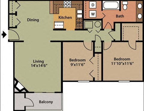 Floor plan for 2 beds, 2 baths, 944 sqft