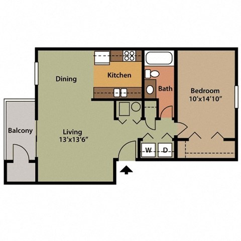 Floor plan for 1 bed, 1 bath, 658 sqft