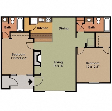 Floor plan for 2 beds, 2 baths, 912 sqft