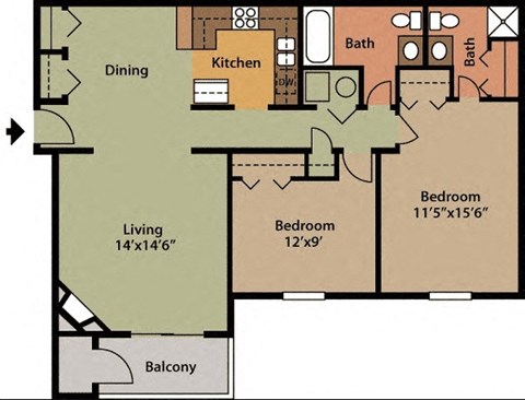 Floor plan for 2 beds, 1 bath, 944 sqft