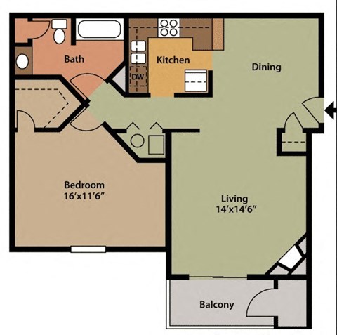 Floor plan for 1 bed, 1 bath, 758 sqft