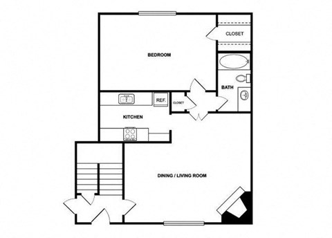 Floor plan for 1 bed, 1 bath, 708 sqft