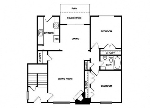 Floor plan for 2 beds, 1 bath, 987 sqft