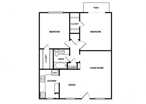 Floor plan for 2 beds, 1 bath, 882 sqft