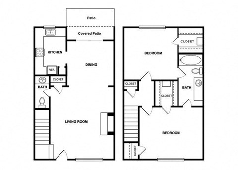 Floor plan for 2 beds, 1.5 baths, 1096 sqft