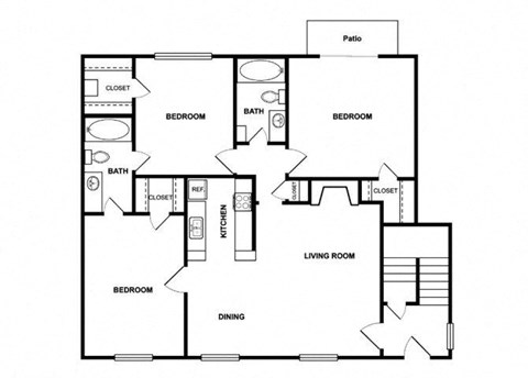 Floor plan for 3 beds, 2 baths, 1102 sqft