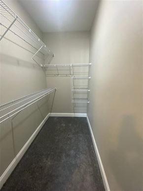 Getzville apartment for rent - a walk in closet with empty shelves and a dark carpet
