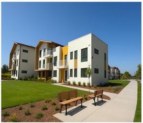 Fullerton apartment for rent - A modern building with a yellow and white exterior and two benches in front.