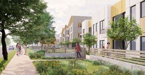 Fullerton apartment for rent - A street view of a residential area with people walking and biking.