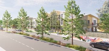 Fullerton apartment for rent - A street view of a residential area with modern houses and trees.