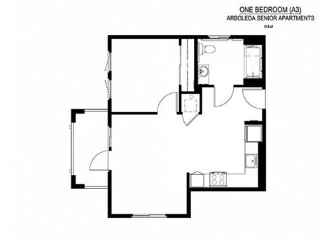 Floor plan for 1 bed, 1 bath, 654 sqft