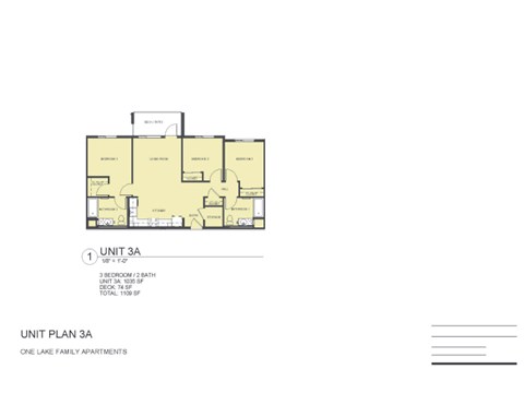Floor plan for 3 beds, 2 baths, 1035 sqft