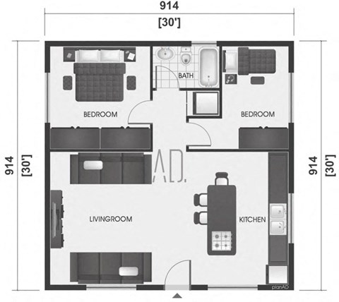Floor plan for 2 beds, 1 bath, 1250 sqft