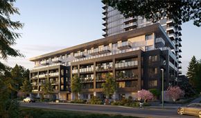 Coquitlam apartment for rent - A modern apartment building with balconies and a car parked in front.
