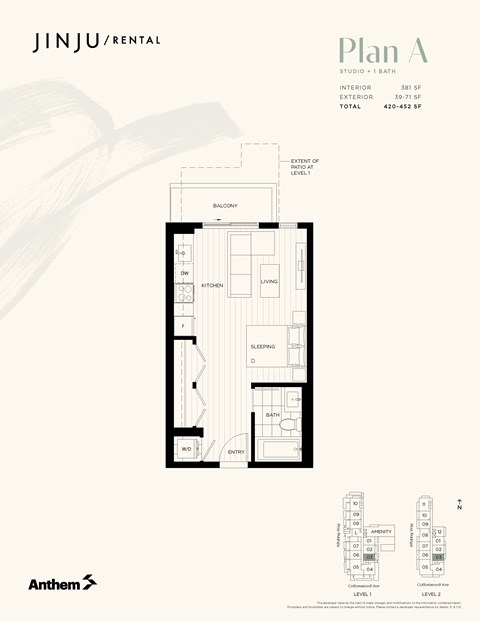 Floor plan for studio, 1 bath, 381 sqft