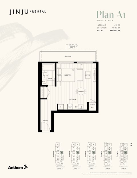 Floor plan for studio, 1 bath, 419 sqft