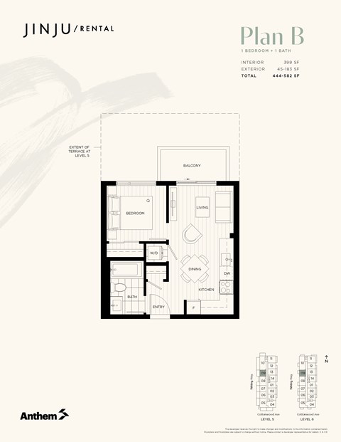 Floor plan for 1 bed, 1 bath, 399 sqft