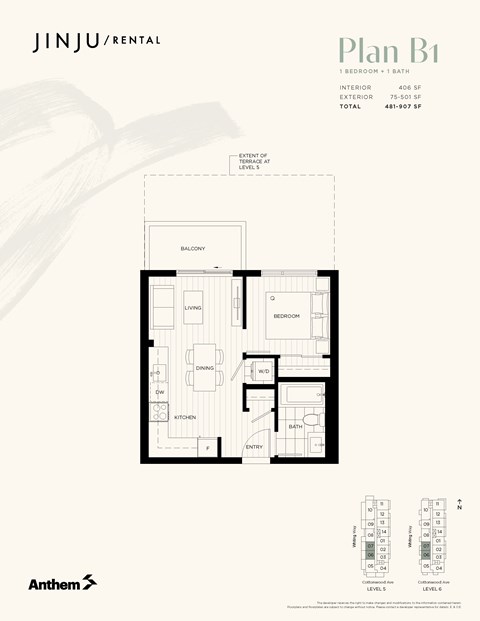 Floor plan for studio, 406 sqft