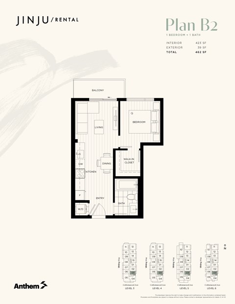Floor plan for 1 bed, 1 bath, 423 sqft