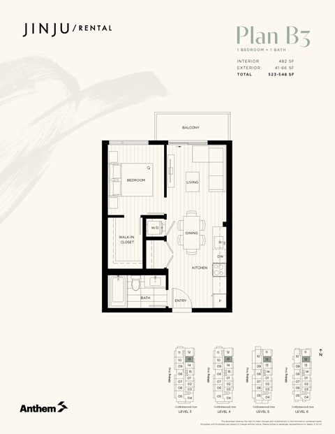 Floor plan for 1 bed, 1 bath, 482 sqft