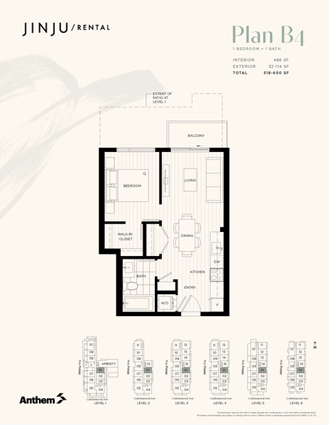 Floor plan for 1 bed, 1 bath, 486 sqft