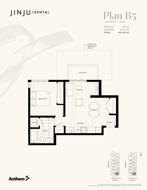 Floor plan for 1 bed, 1 bath, 566 sqft