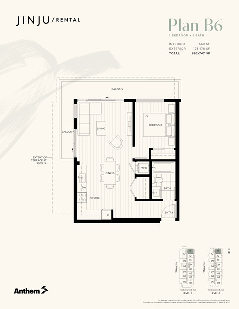 Floor plan for 1 bed, 1 bath, 569 sqft