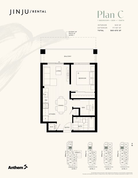 Floor plan for 1 bed, 1 bath, 503 sqft