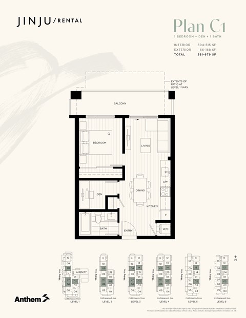 Floor plan for 1 bed, 1 bath, 511 sqft