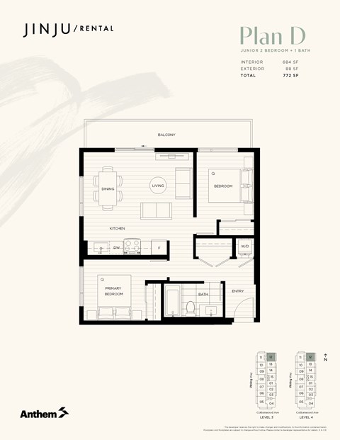 Floor plan for 2 beds, 1 bath, 684 sqft