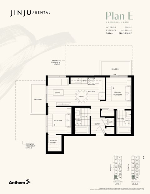Floor plan for 2 beds, 2 baths, 628 sqft