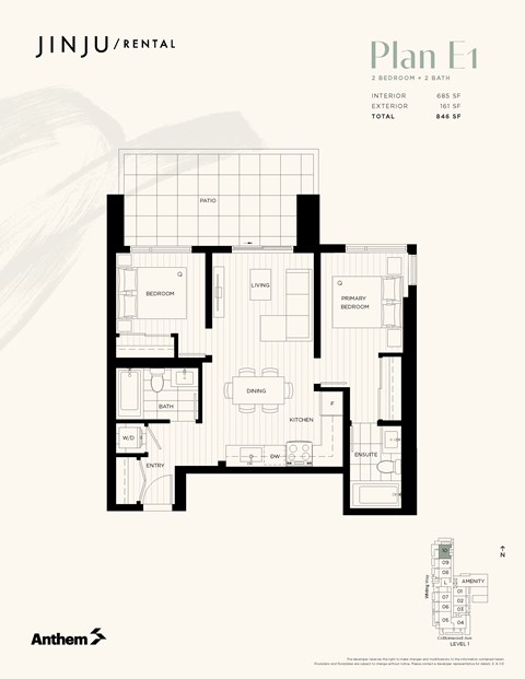 Floor plan for 2 beds, 2 baths, 685 sqft