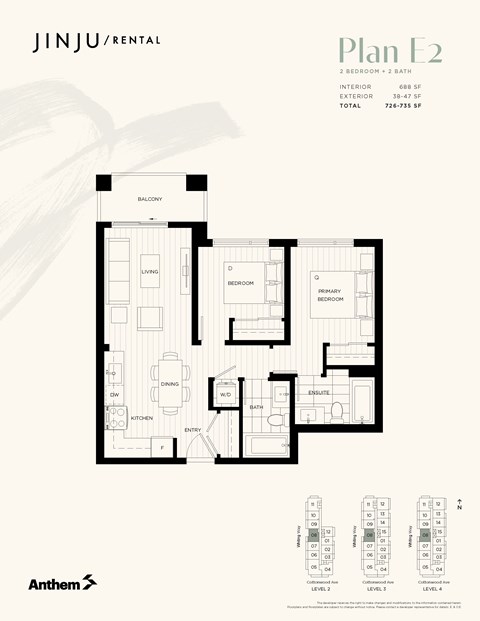 Floor plan for 2 beds, 2 baths, 688 sqft