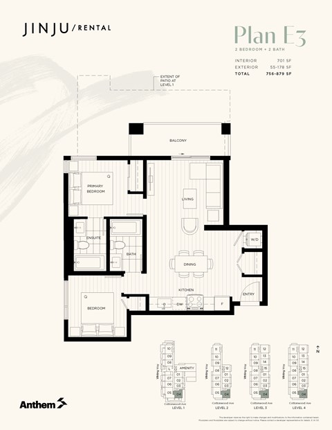 Floor plan for 2 beds, 2 baths, 701 sqft