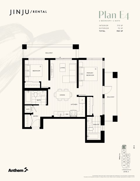 Floor plan for 2 beds, 2 baths, 713 sqft